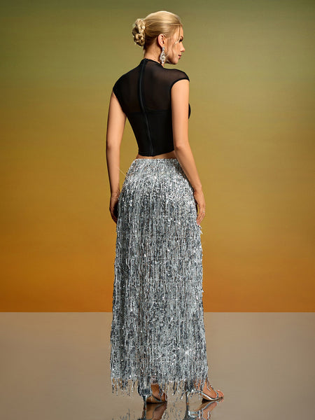 Mesh Corset & Sequin Fringe Skirt Set