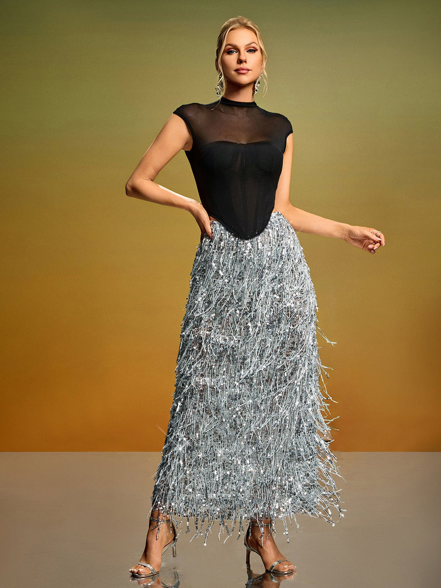Mesh Corset & Sequin Fringe Skirt Set