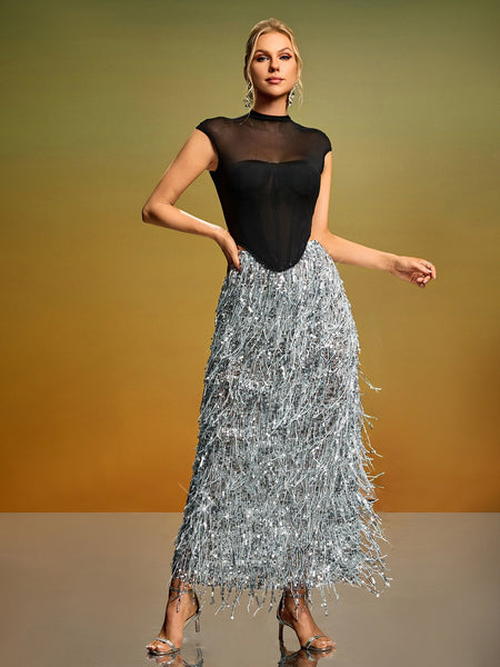 Mesh Corset & Sequin Fringe Skirt Set