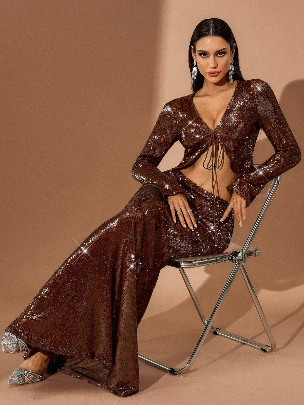 Nova Vallière — Sexy Cardigan Sequin Maxi Skirt Set, alternate view 3