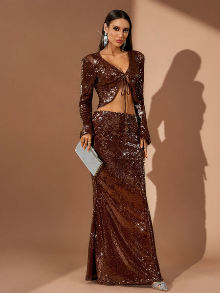Sexy Cardigan Sequin Maxi Skirt Set