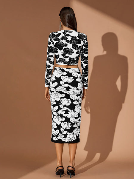 Floral Jacquard Midi Pencil Skirt Set