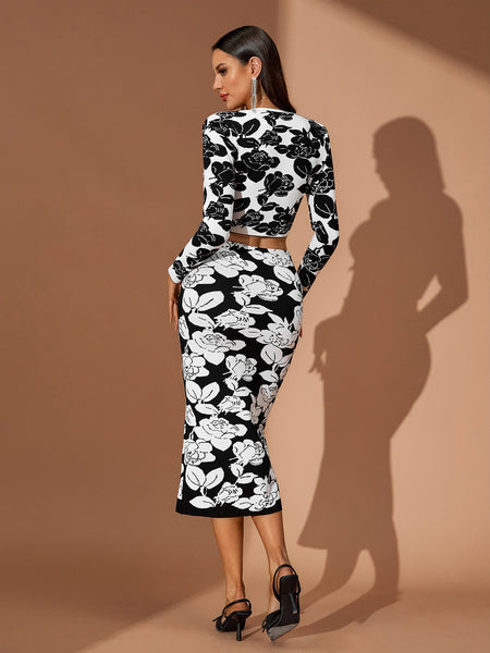 Floral Jacquard Midi Pencil Skirt Set