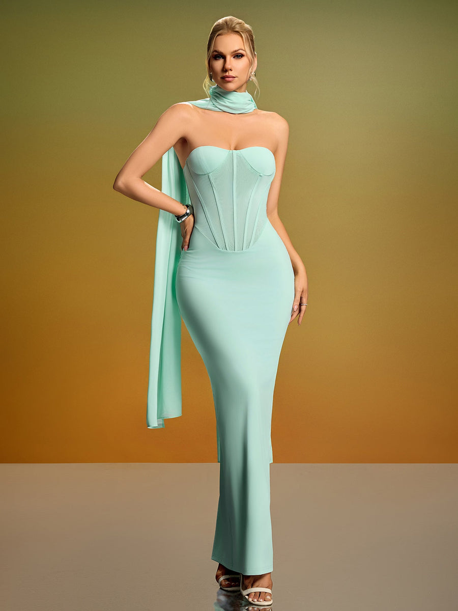 Elegant Strapless Bustier Dress with Chic Neck Scarf