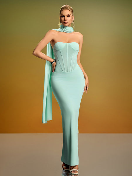 Elegant Strapless Bustier Dress with Chic Neck Scarf