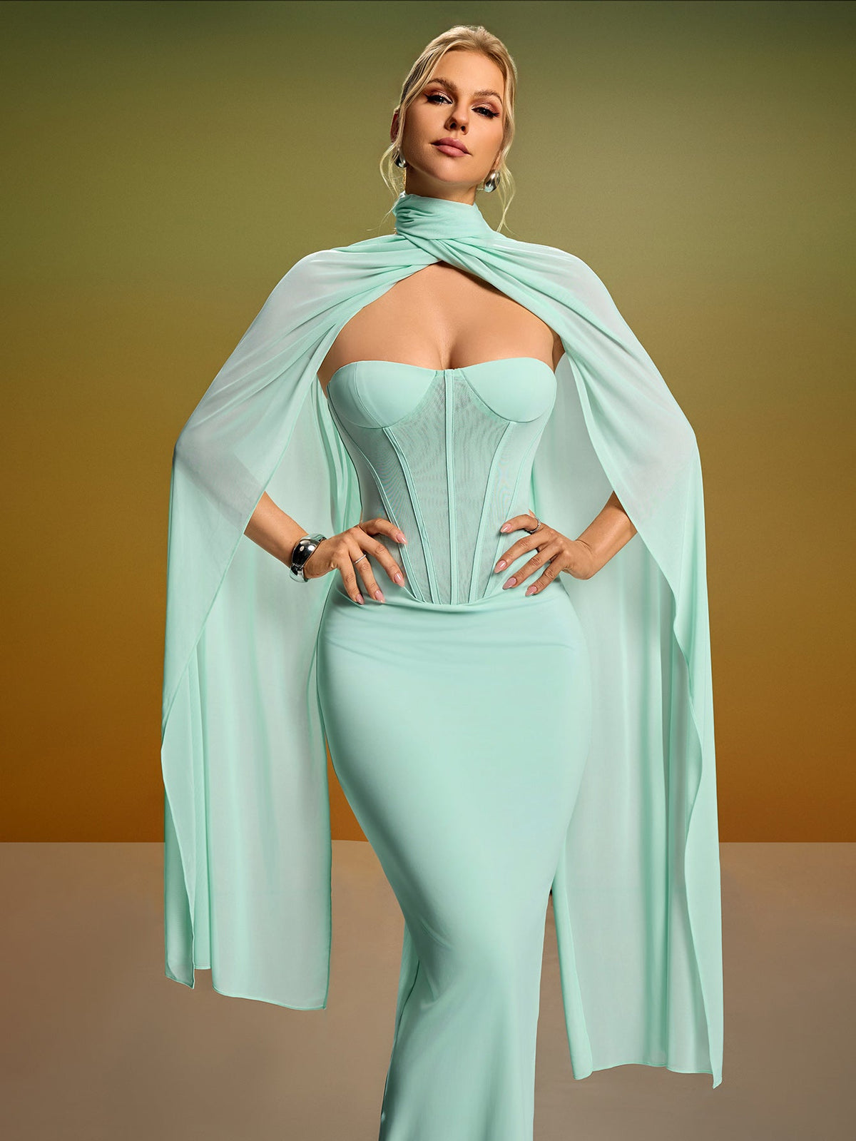Elegant Strapless Bustier Dress with Chic Neck Scarf
