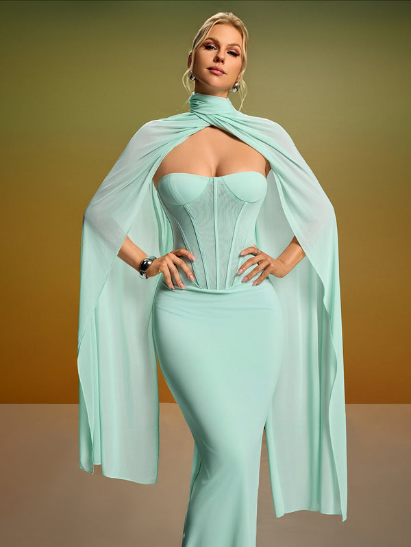 Elegant Strapless Bustier Dress with Chic Neck Scarf