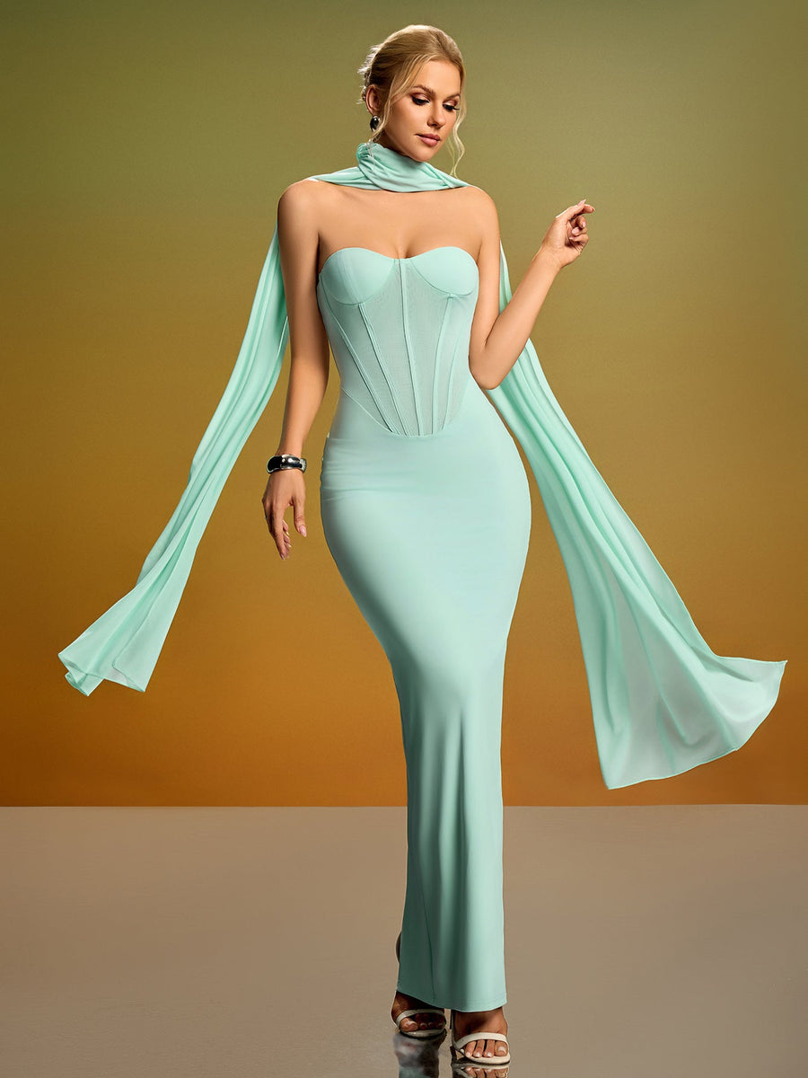 Elegant Strapless Bustier Dress with Chic Neck Scarf