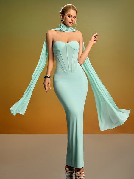 Elegant Strapless Bustier Dress with Chic Neck Scarf
