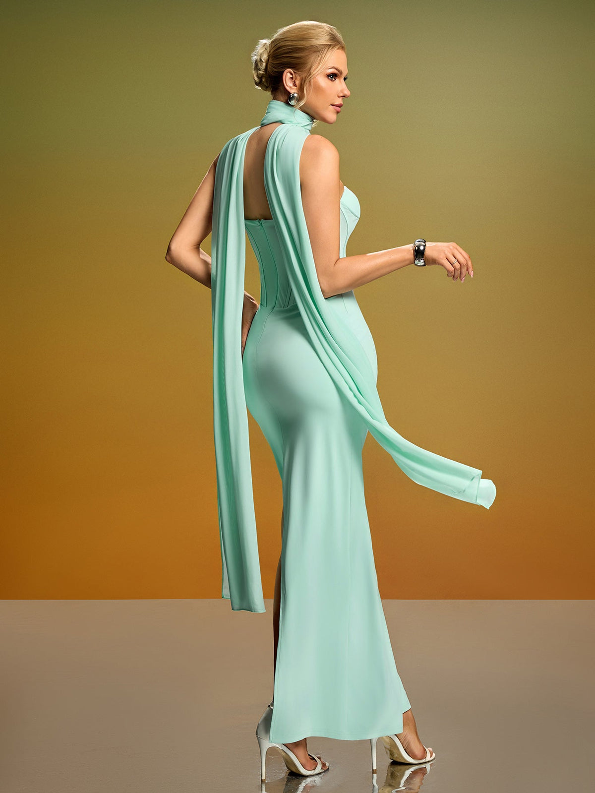 Elegant Strapless Bustier Dress with Chic Neck Scarf
