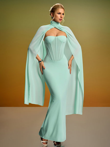 Elegant Strapless Bustier Dress with Chic Neck Scarf