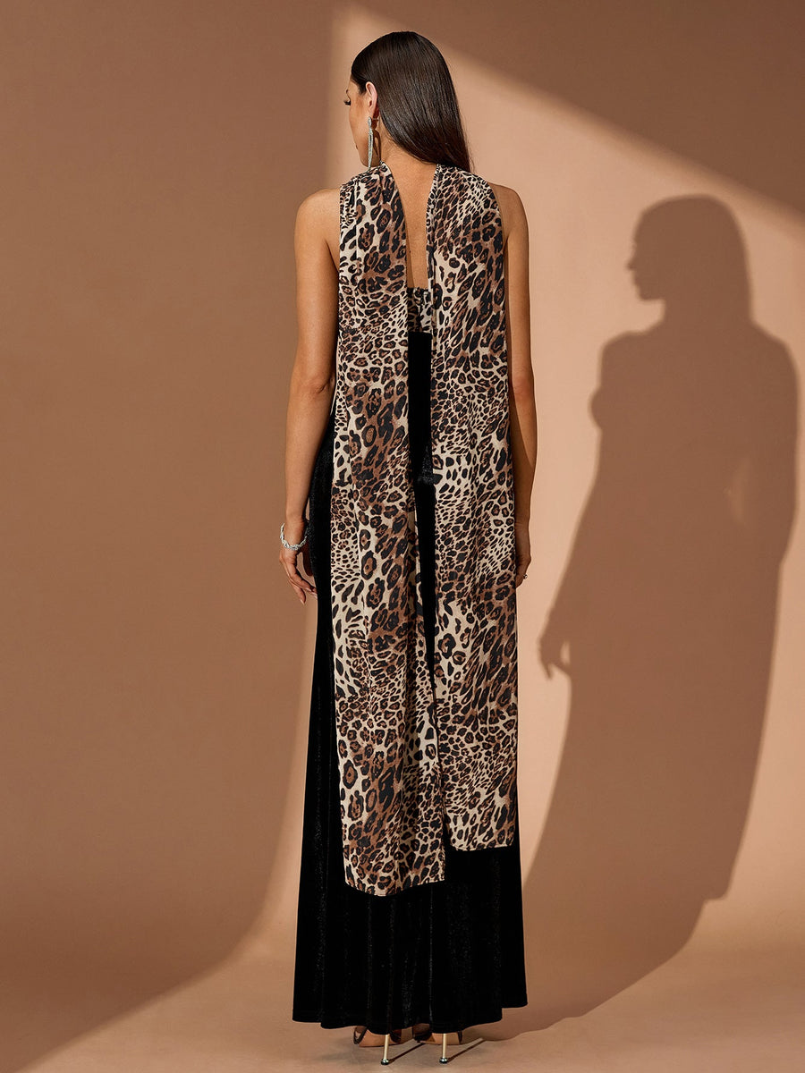 Leopard Bustier Maxi Dress With Neck Scarf