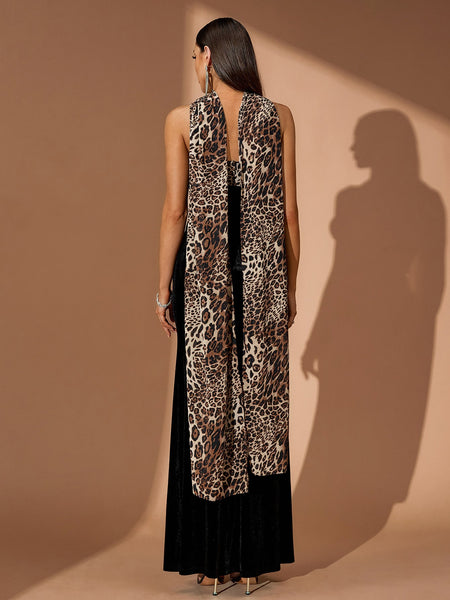 Leopard Bustier Maxi Dress With Neck Scarf