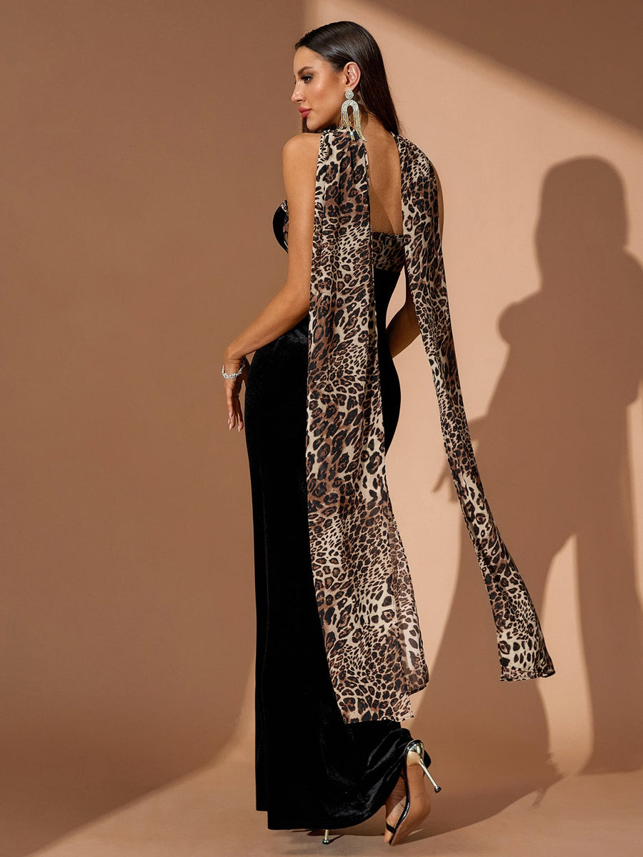 Leopard Bustier Maxi Dress With Neck Scarf