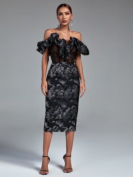 Elegant Playful and Chic Midi Dress with Balloon Sleeves and Draped Collars Sleeveless