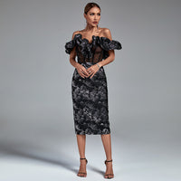 Priscilla Delacroix — Elegant Playful and Chic Midi Dress with Balloon Sleeves and Draped Collars Sleeveless, alternate…
