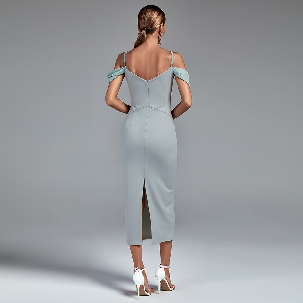 Rain Marceau — Elegant Strap-Detail Buckle Lace and Satin Midi Dress, alternate view 4