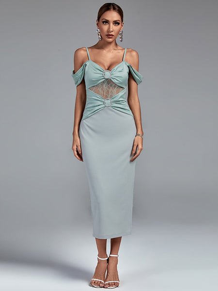 Elegant Strap-Detail Buckle Lace and Satin Midi Dress