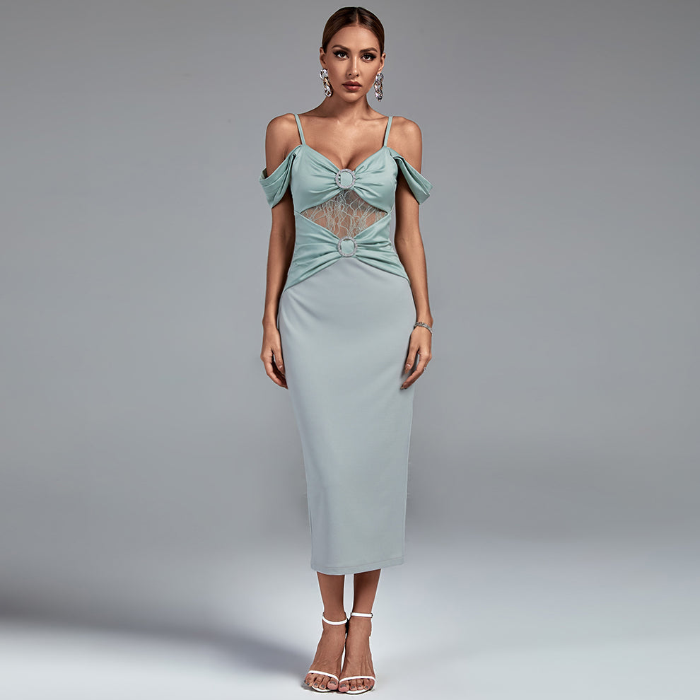 Rain Marceau — Elegant Strap-Detail Buckle Lace and Satin Midi Dress