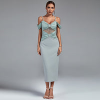 Rain Marceau — Elegant Strap-Detail Buckle Lace and Satin Midi Dress