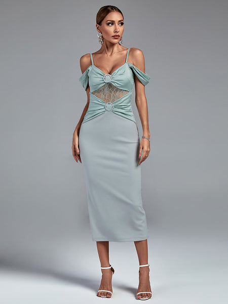 Elegant Strap-Detail Buckle Lace and Satin Midi Dress