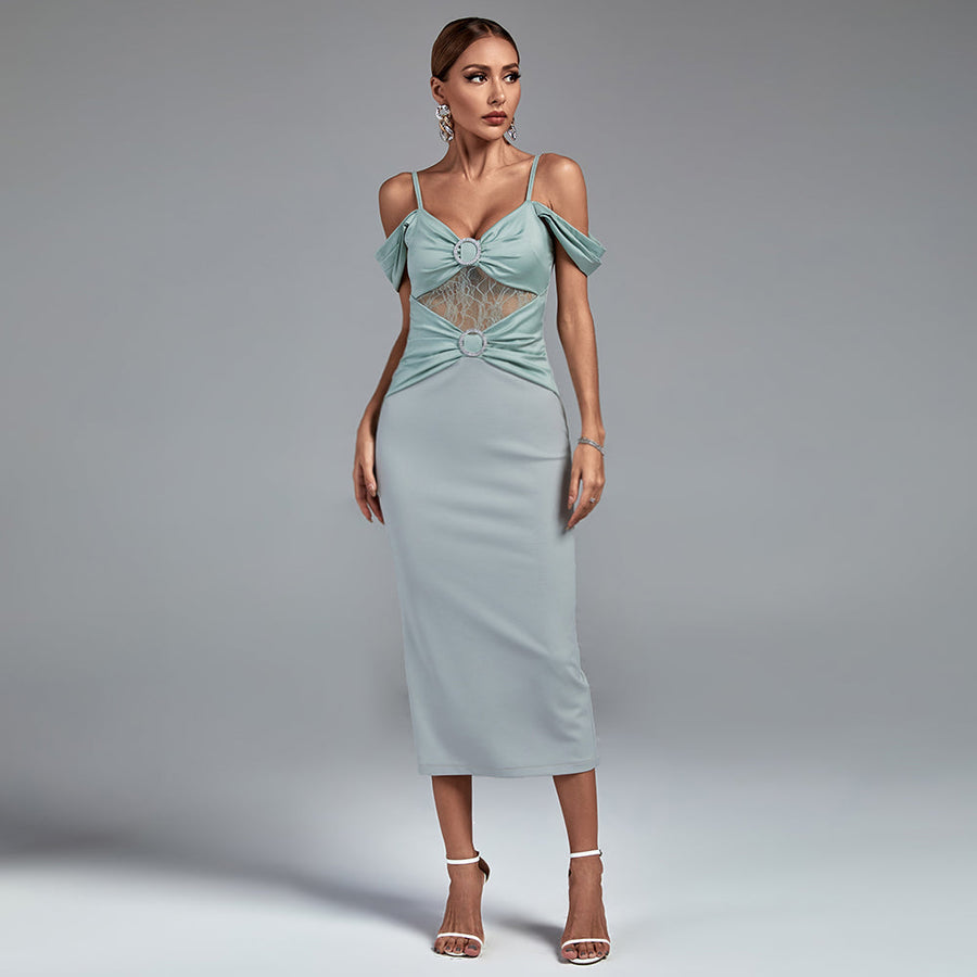 Rain Marceau — Elegant Strap-Detail Buckle Lace and Satin Midi Dress, alternate view 2
