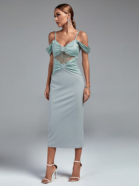 Elegant Strap-Detail Buckle Lace and Satin Midi Dress