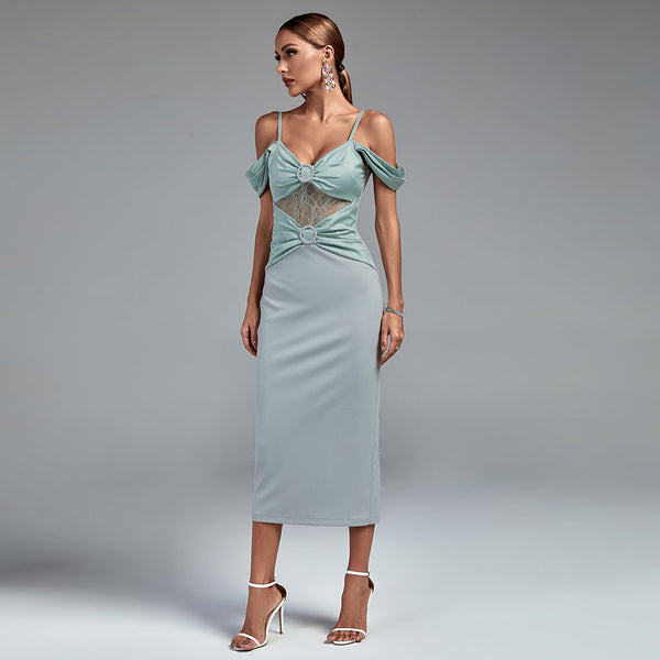 Elegant Strap-Detail Buckle Lace and Satin Midi Dress