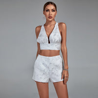 Ellis Marceau — Elegant Style Deep V-Neck Jacquard Shorts Set