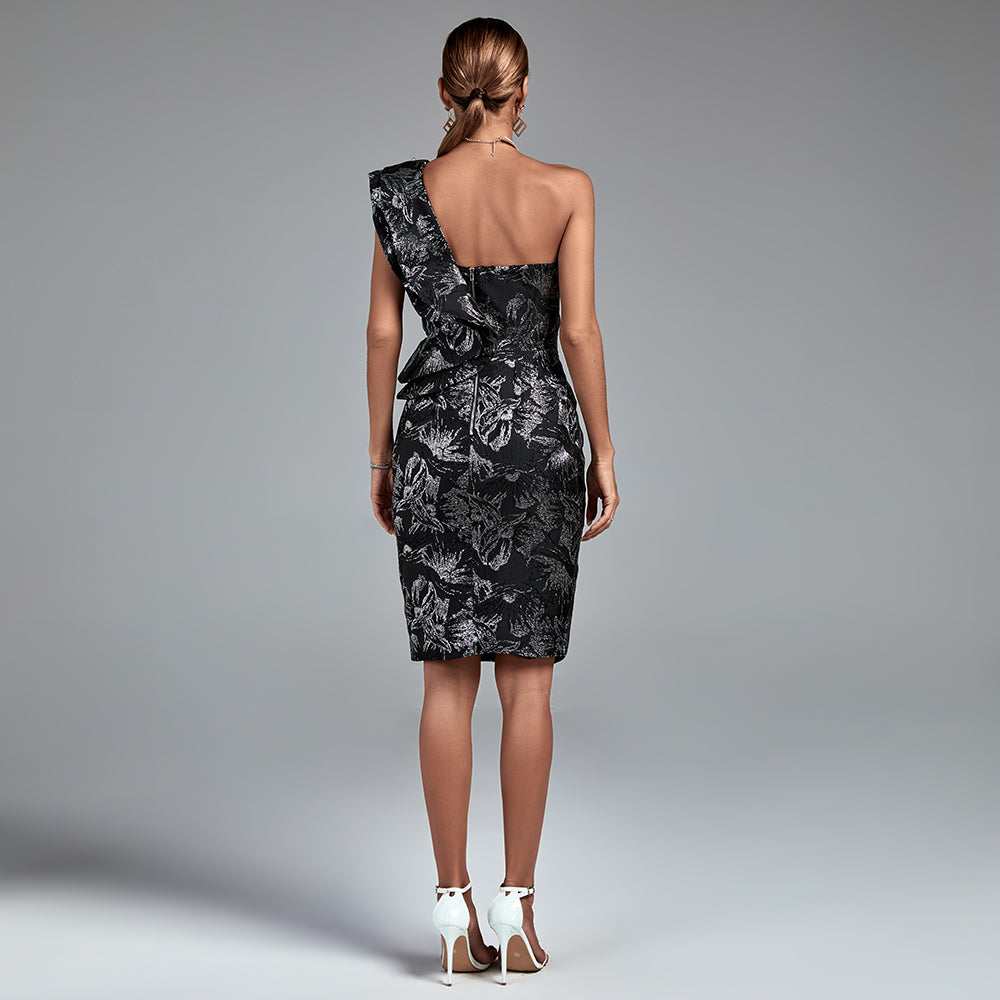 Selene Delacroix — Sleeveless off-shoulder bodycon dress with ruffles for a chic and trendy look, alternate view 4