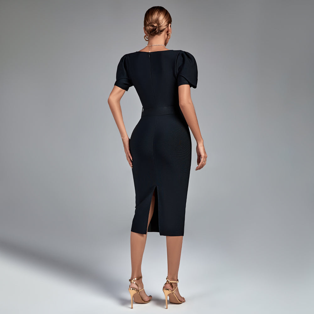 Camille Beaumont — Square Collar Short Sleeve Midi Bandage Dress, alternate view 4