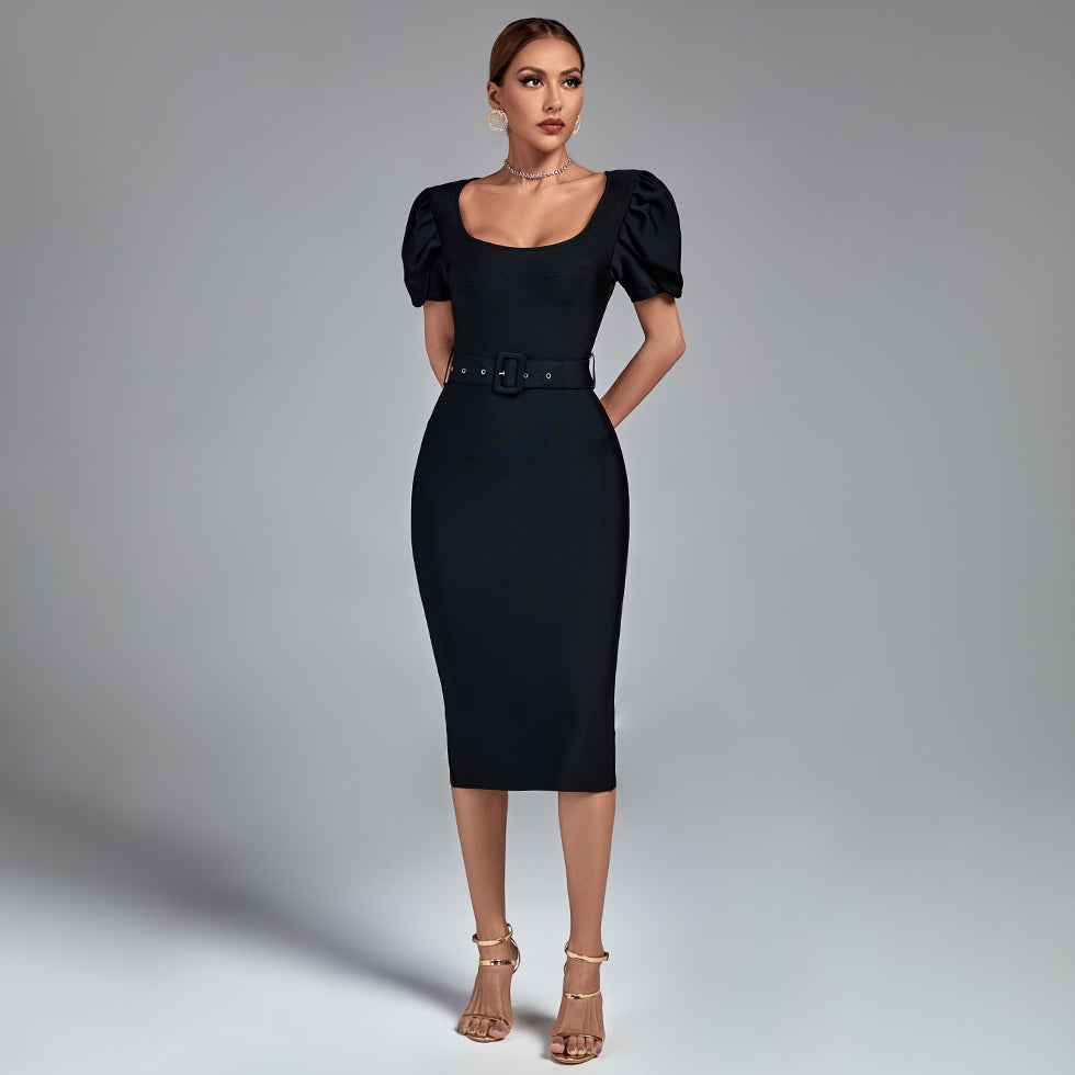 Camille Beaumont — Square Collar Short Sleeve Midi Bandage Dress, alternate view 5