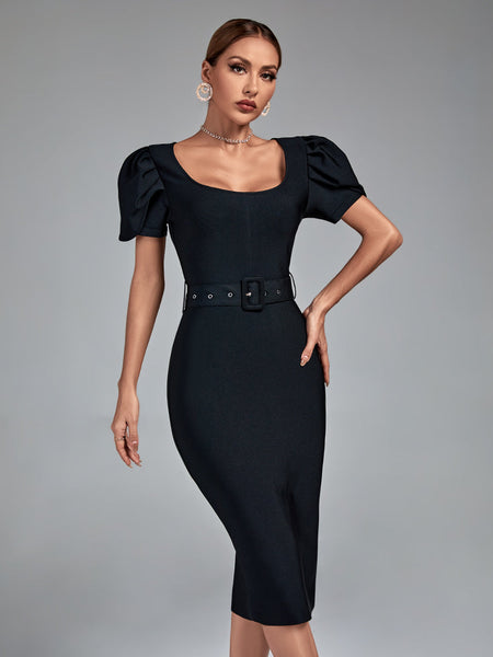 Square Collar Short Sleeve Midi Bandage Dress