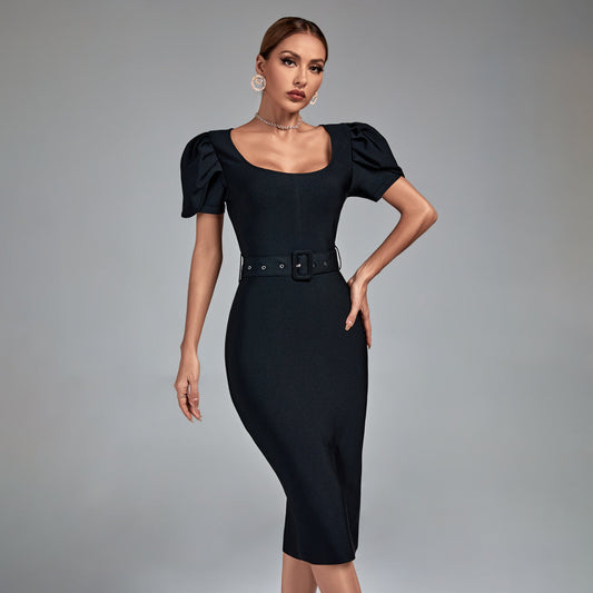 Square Collar Short Sleeve Midi Bandage Dress - Opulent Empire