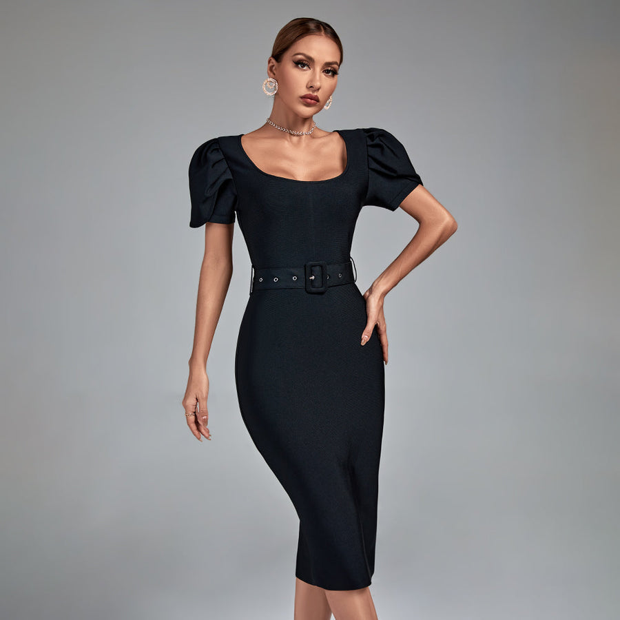 Camille Beaumont — Square Collar Short Sleeve Midi Bandage Dress