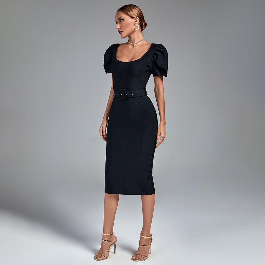 Camille Beaumont — Square Collar Short Sleeve Midi Bandage Dress, alternate view 2