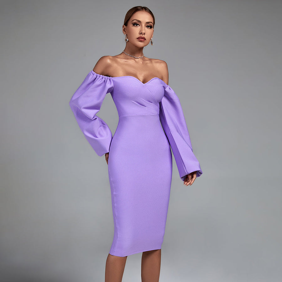 Off Shoulder Long Sleeve Midi Bandage Dress