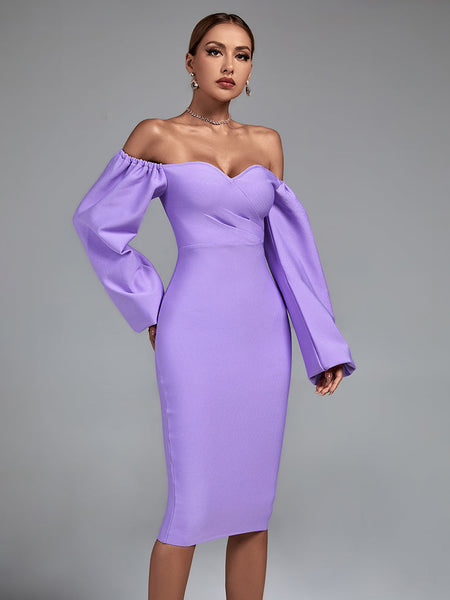 Off Shoulder Long Sleeve Midi Bandage Dress