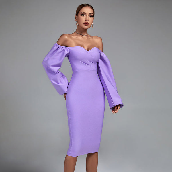 Off Shoulder Long Sleeve Midi Bandage Dress