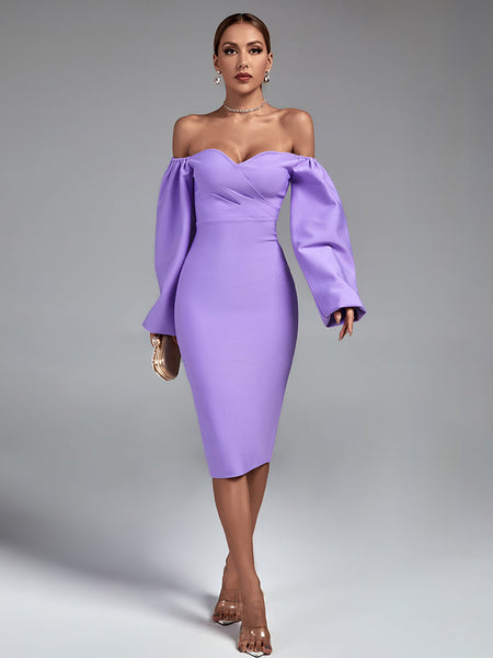 Off Shoulder Long Sleeve Midi Bandage Dress