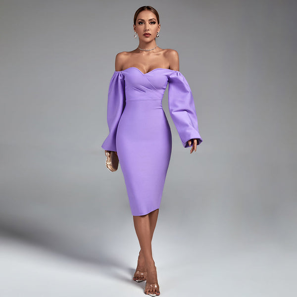 Off Shoulder Long Sleeve Midi Bandage Dress