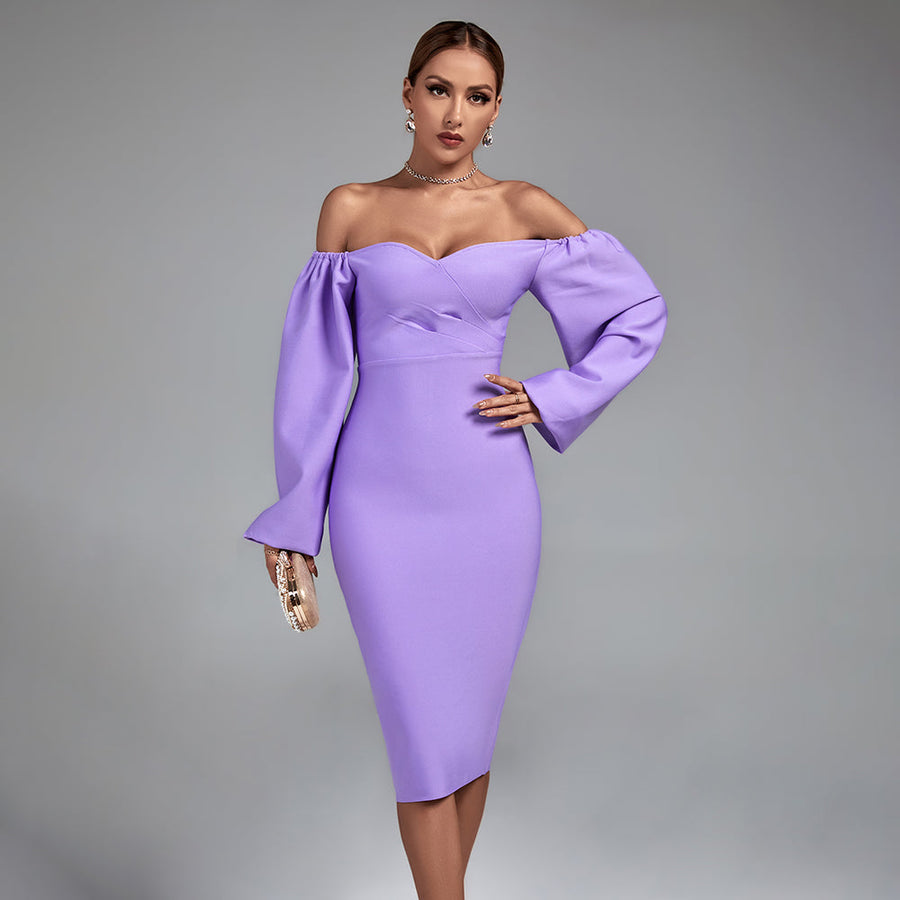 Off Shoulder Long Sleeve Midi Bandage Dress