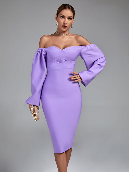 Off Shoulder Long Sleeve Midi Bandage Dress