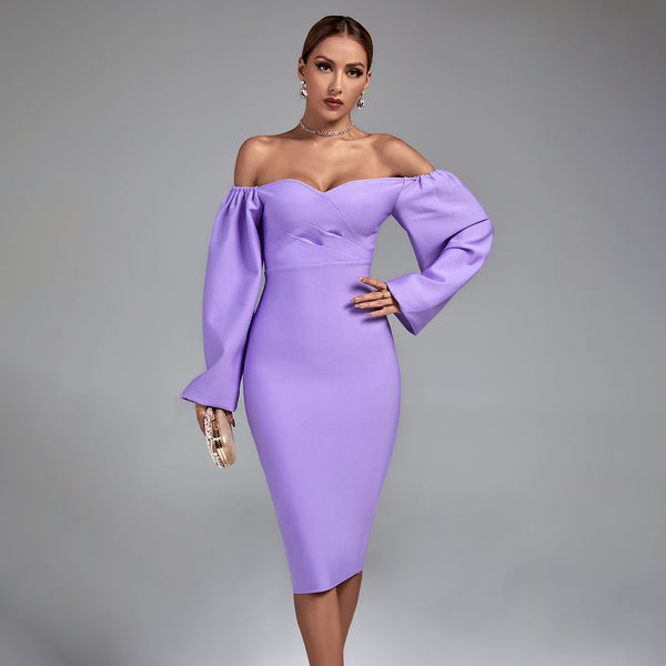 Off Shoulder Long Sleeve Midi Bandage Dress