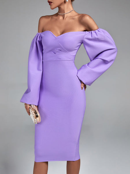 Off Shoulder Long Sleeve Midi Bandage Dress