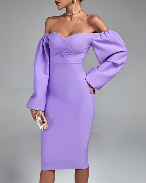 Off Shoulder Long Sleeve Midi Bandage Dress - Opulent Empire