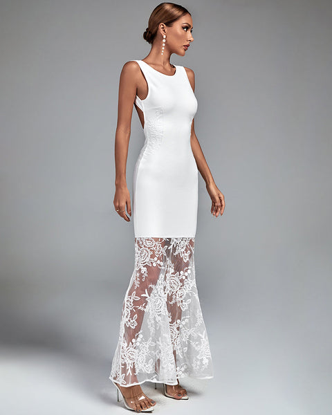 Round Neck Sleeveless Maxi Lace Bandage Dress - Opulent Empire