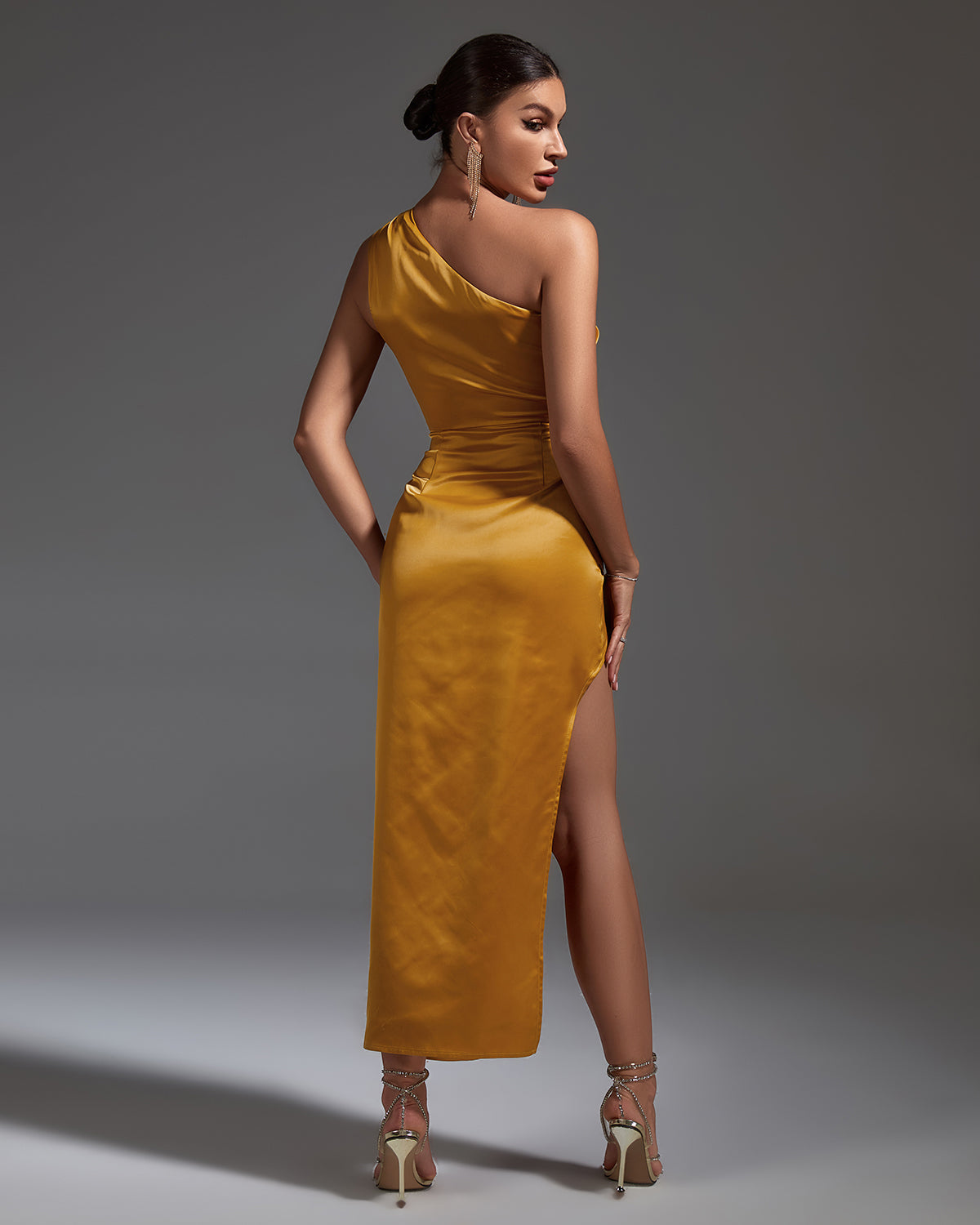 Emery Marceau — Elegant one-shoulder satin dress with pearl accents, alternate view 5