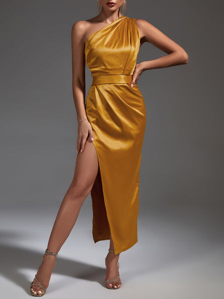 Elegant one-shoulder satin dress with pearl accents