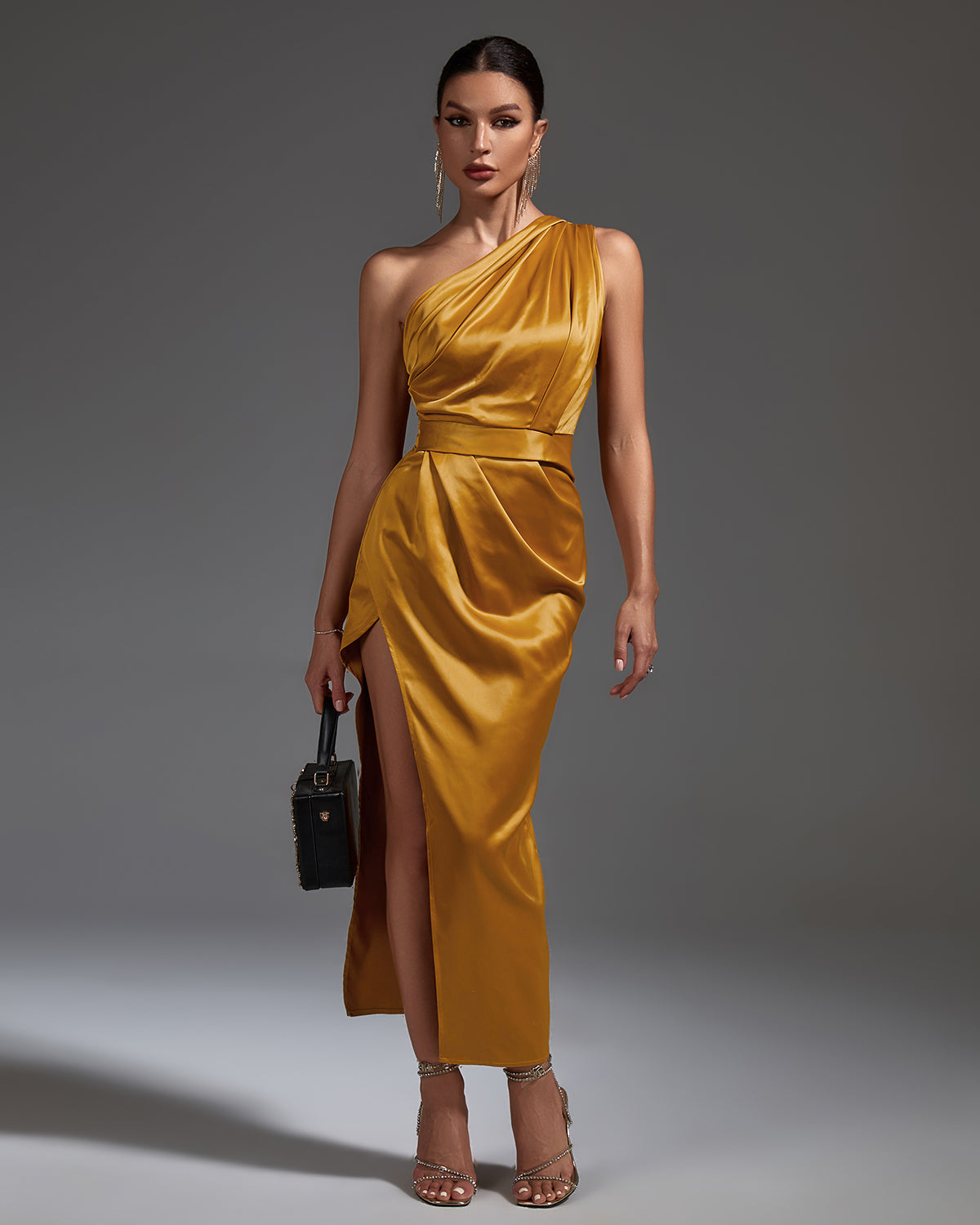 Emery Marceau — Elegant one-shoulder satin dress with pearl accents, alternate view 6